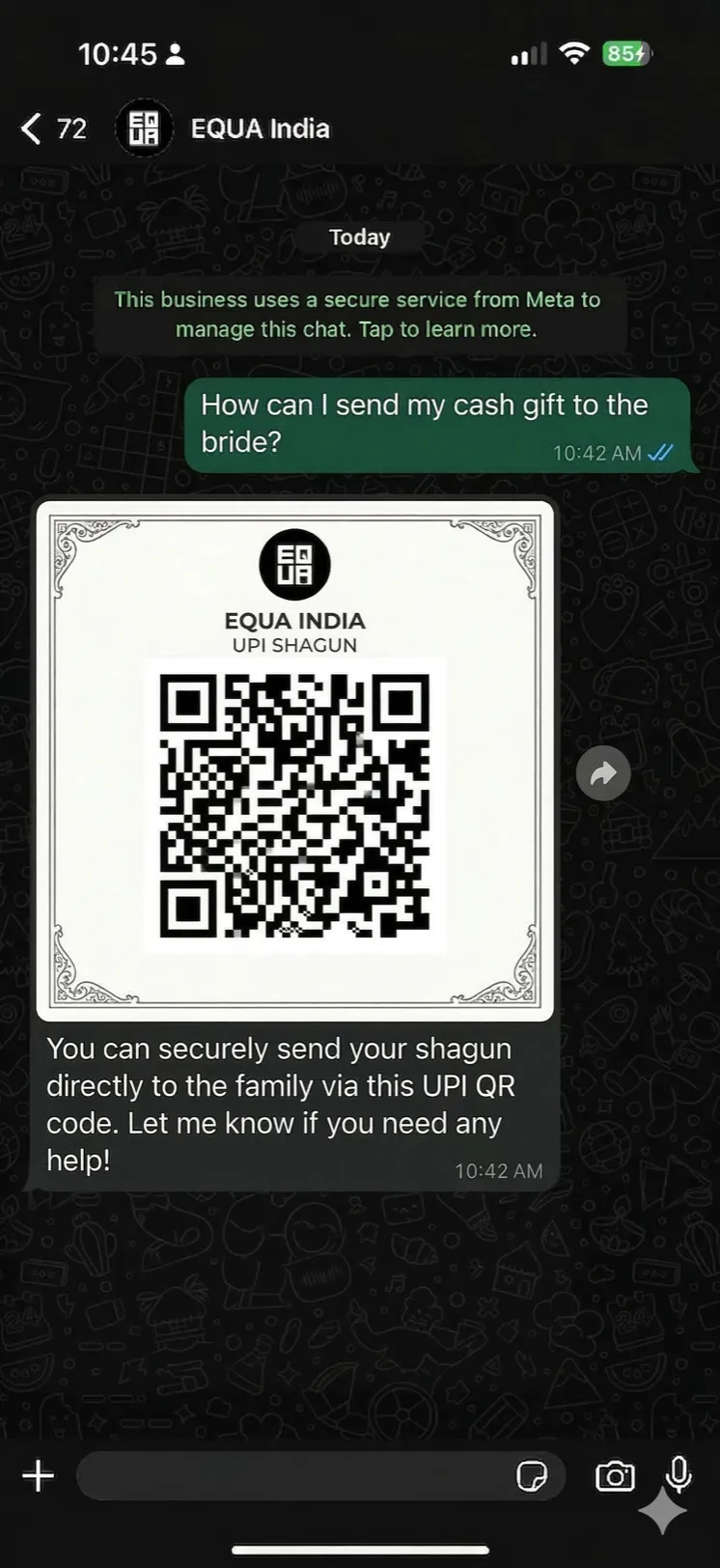 WhatsApp shagun gifting conversation showing UPI QR code shared by EQUA AI concierge