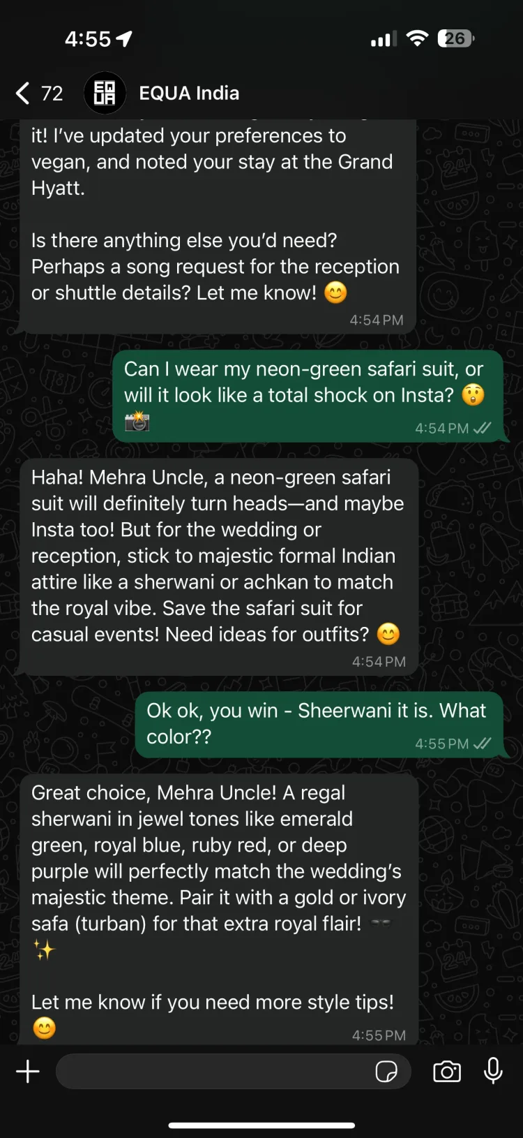 Indian wedding dress code and outfit guidance on WhatsApp