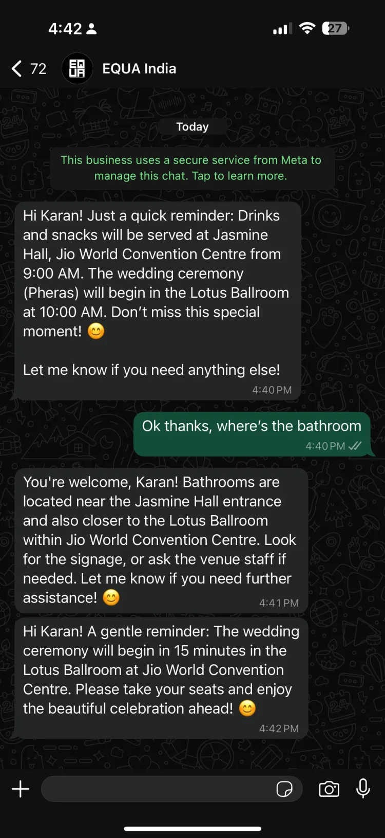 Indian wedding venue directions, travel logistics and reminders on WhatsApp